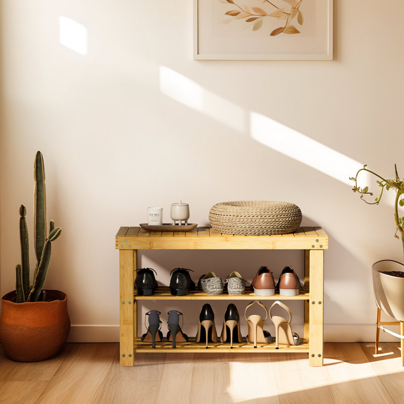 Natural Bamboo Shoe Bench Furniture selling 3-Tier Shoe Rack Organizer Entryway Storage